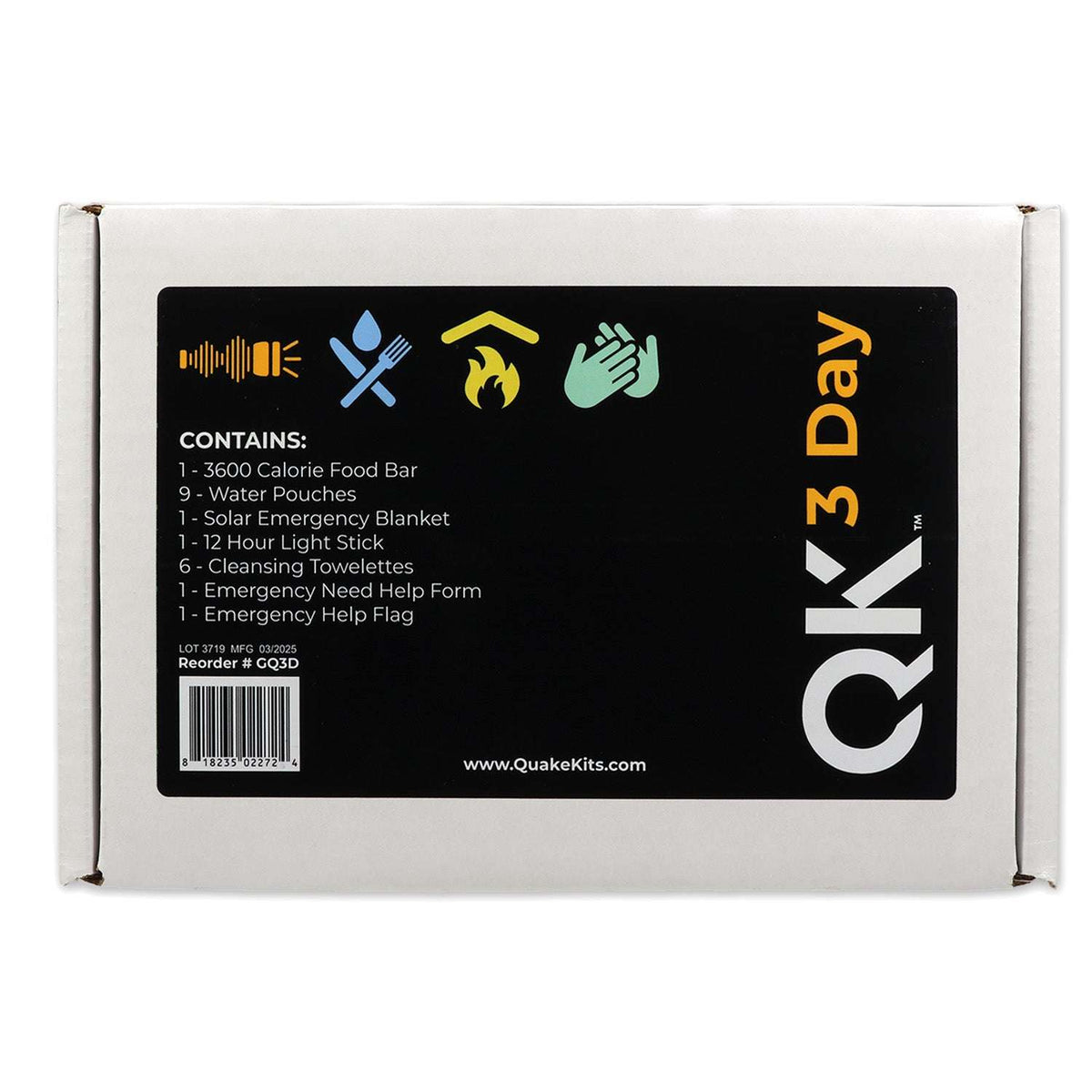 Emergency 3-day survival kit box with label icons and K3 Day text