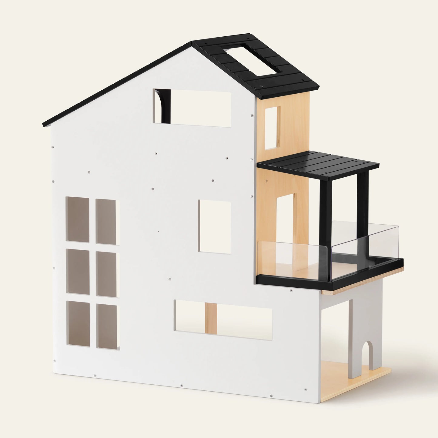 White wood dollhouse exterior with black roof, steps, and side windows
