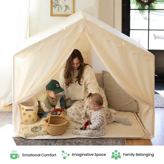 Cream play tent with lit string lights and enclosed play space for kids inside