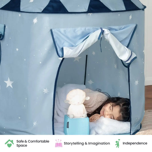 Blue toddler play tent with open doorway and star interior, plush toy inside