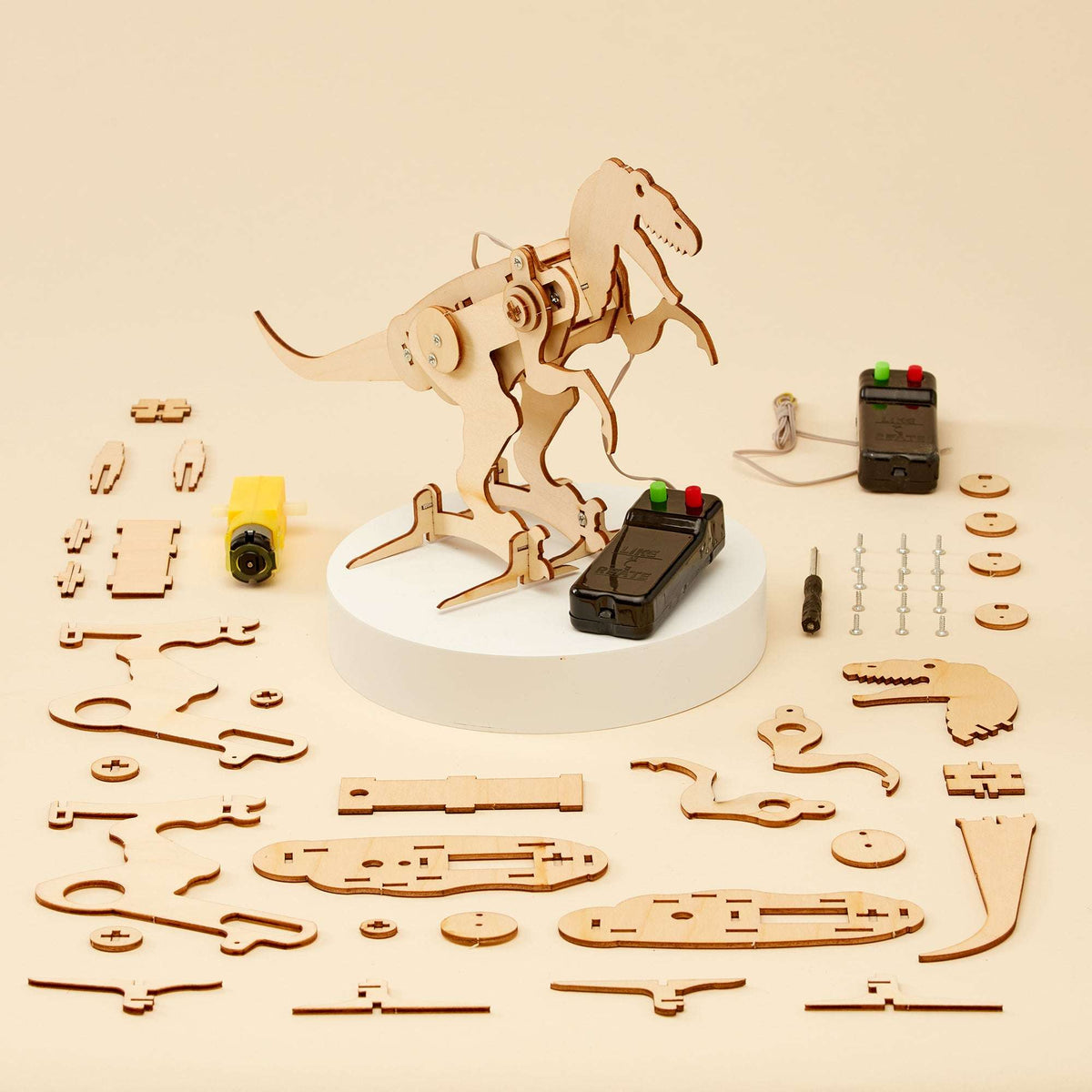 Dinosaur T-Rex robot DIY kit with wooden parts and two battery modules