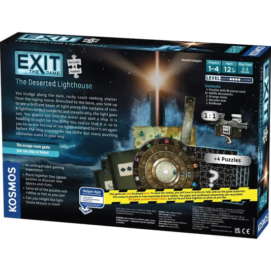 EXIT The Deserted Lighthouse game box back showing contents and play details, KOSMOS