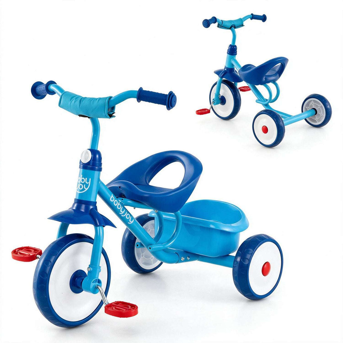 Blue toddler tricycle with storage basket and three-wheel frame