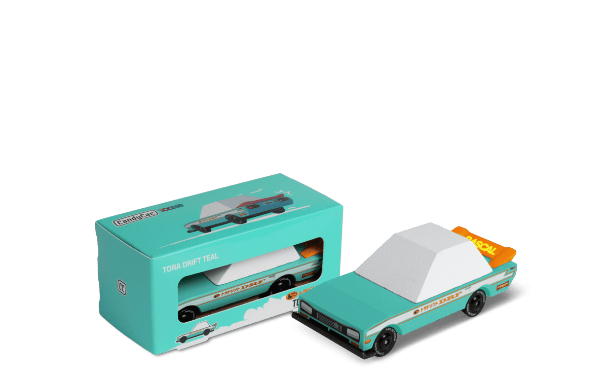 Teal toy car in box packaging with white roof and racing livery