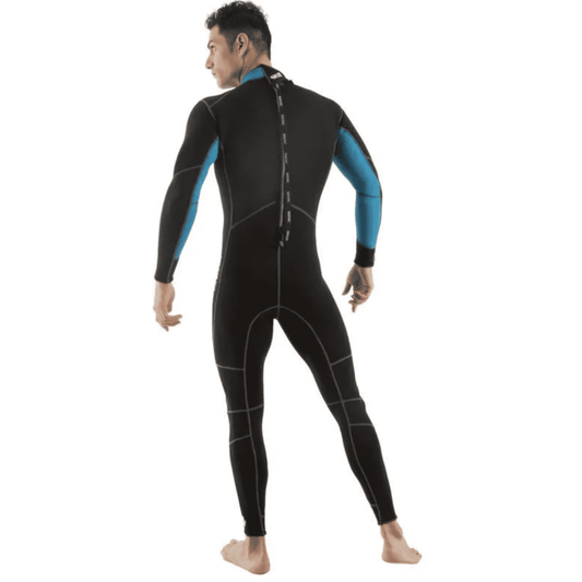 Men's 3mm one-piece wetsuit, back view in black with blue sleeves and seam lines