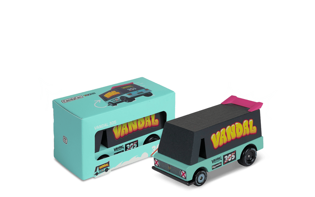 Candylab toy car with box: teal van, 'VANDAL' graphics and pink roof spoiler, 305