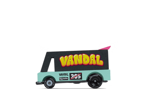 Candylab toy car with teal sides, 'VANDAL' title, pink roof spoiler, 305
