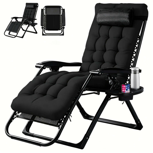 Black recliner lounge chair with cushioned back, footrest, foldable frame, and cup holder