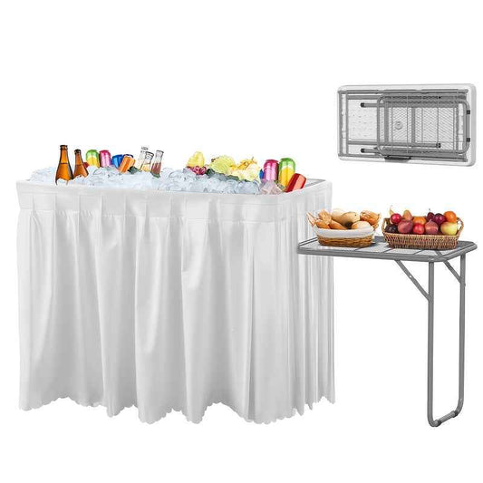 Folding ice table with removable white skirt, mesh cover, and side shelf for snacks