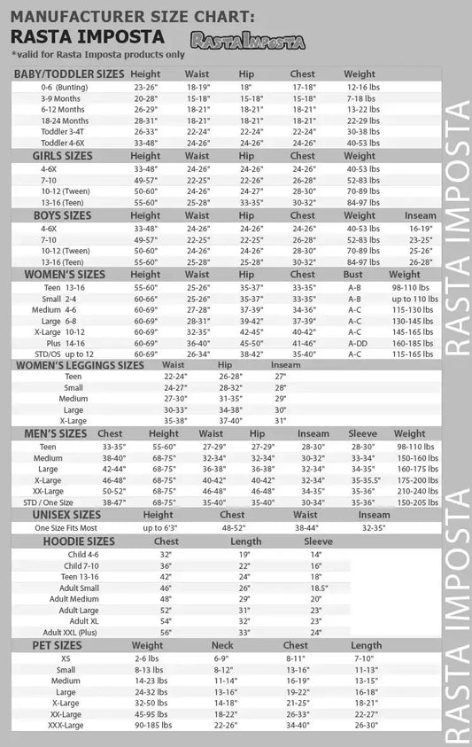 Size chart for adult and kids costumes with measurements by chest, waist, hip