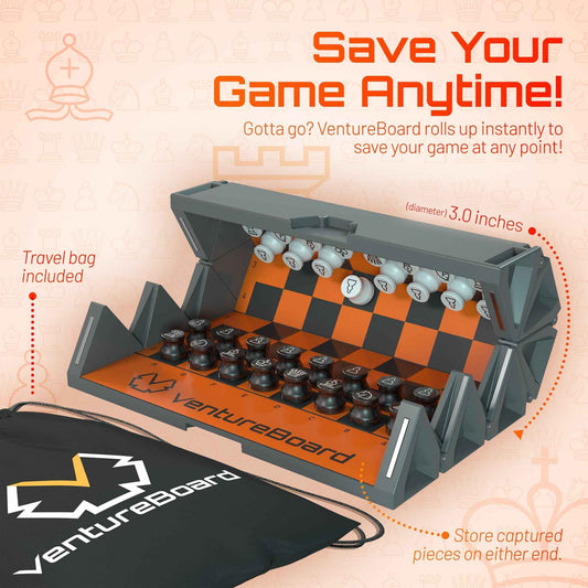 Gray folded roll-up chessboard case with orange checkered game board and storage slots