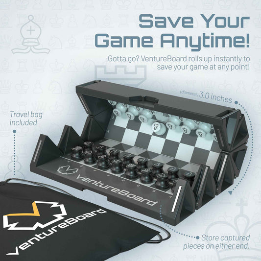 Noir magnetic roll-up chess set open, showing checkered board, pieces, and pouch.