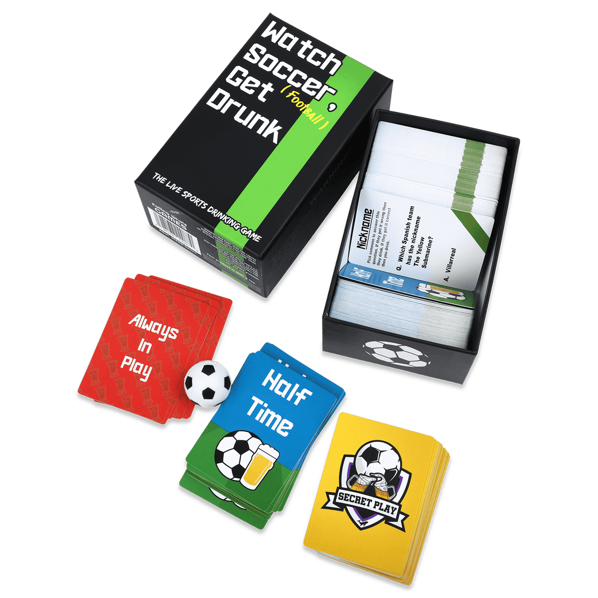 Soccer drinking card game box with mixed cards and a single black “Half Time” card
