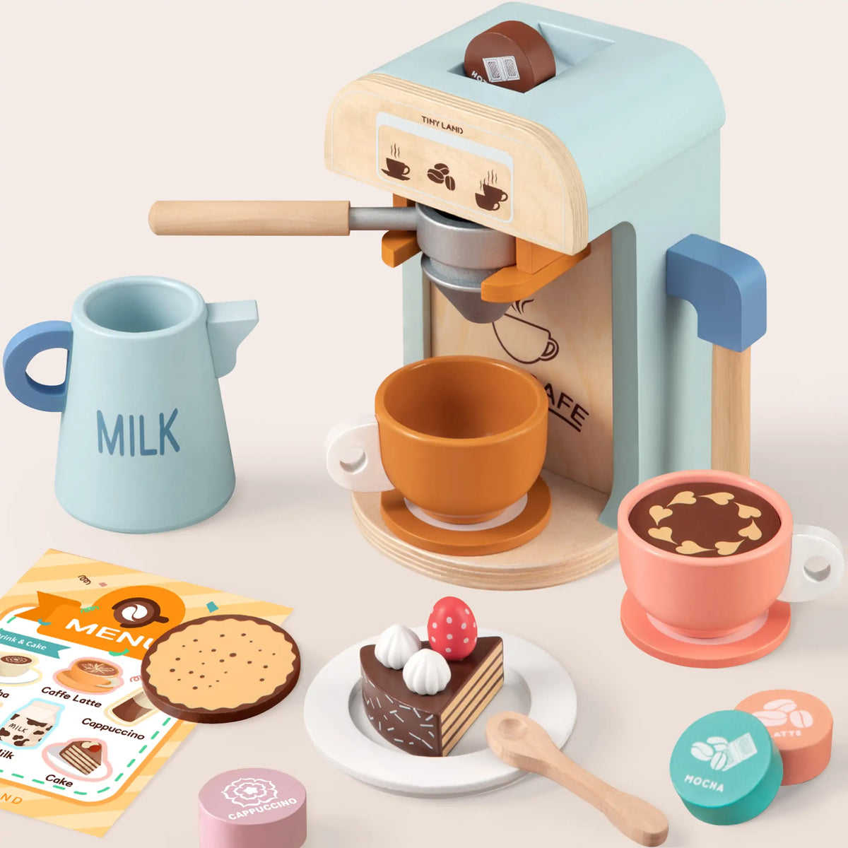 Tiny Land Wooden Play Coffee Maker Set - 16-Piece Kids Café Toy