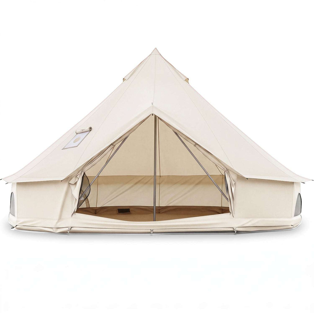 Beige canvas bell tent with stove jack and mesh windows, freestanding triangular front