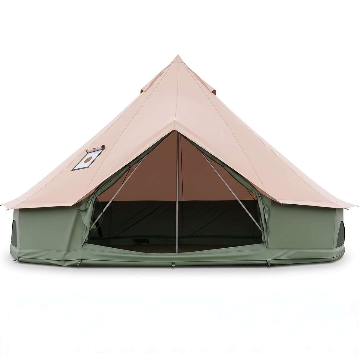 Bell tent with stove jack, pink outer fabric, green skirt, front entrance