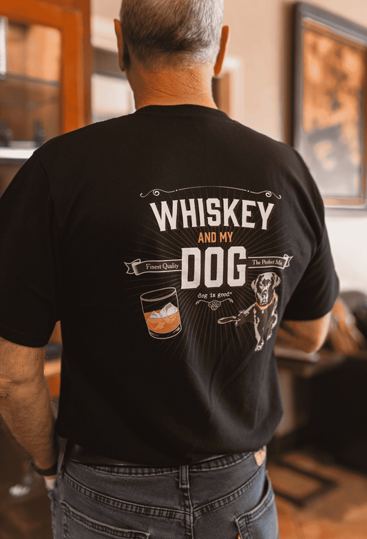 Black cotton T-shirt with back graphic: “WHISKEY and MY DOG”