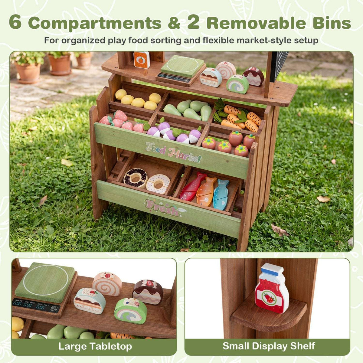 Wooden play market with six compartments, two removable bins, a tabletop and display shelf