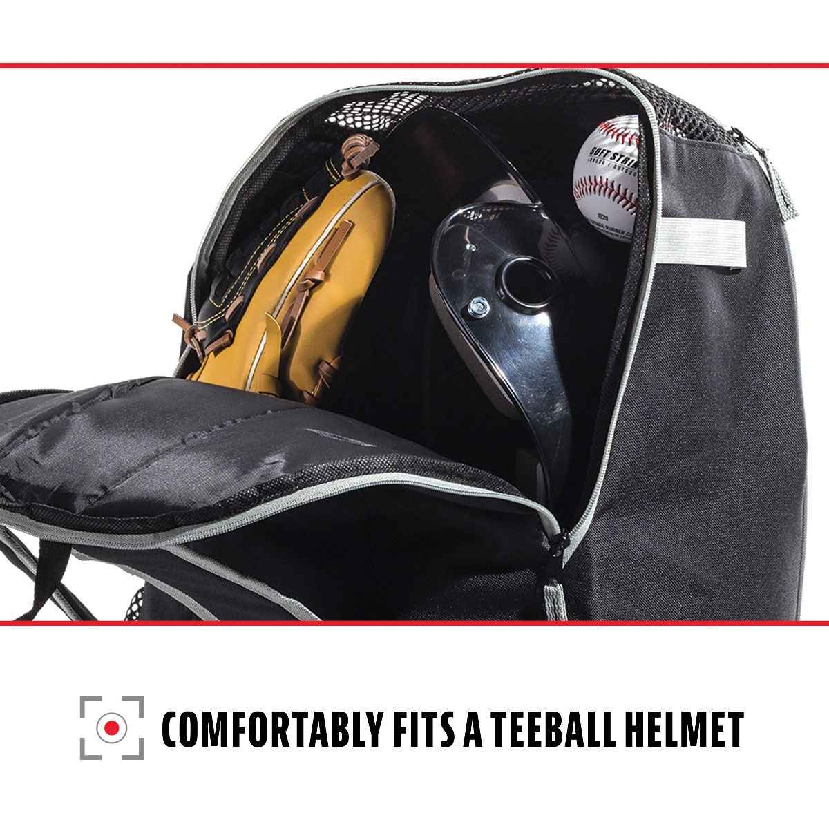 Black youth batpack bag with open top and dual bat storage compartments