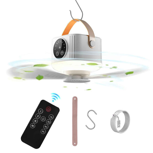Rechargeable tent ceiling fan with LED light and remote, plus hanging hook and cable