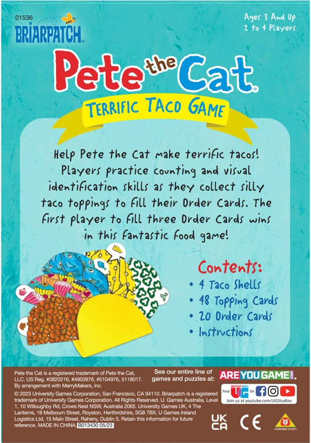 Terrific Taco Game back of box with age info and contents list