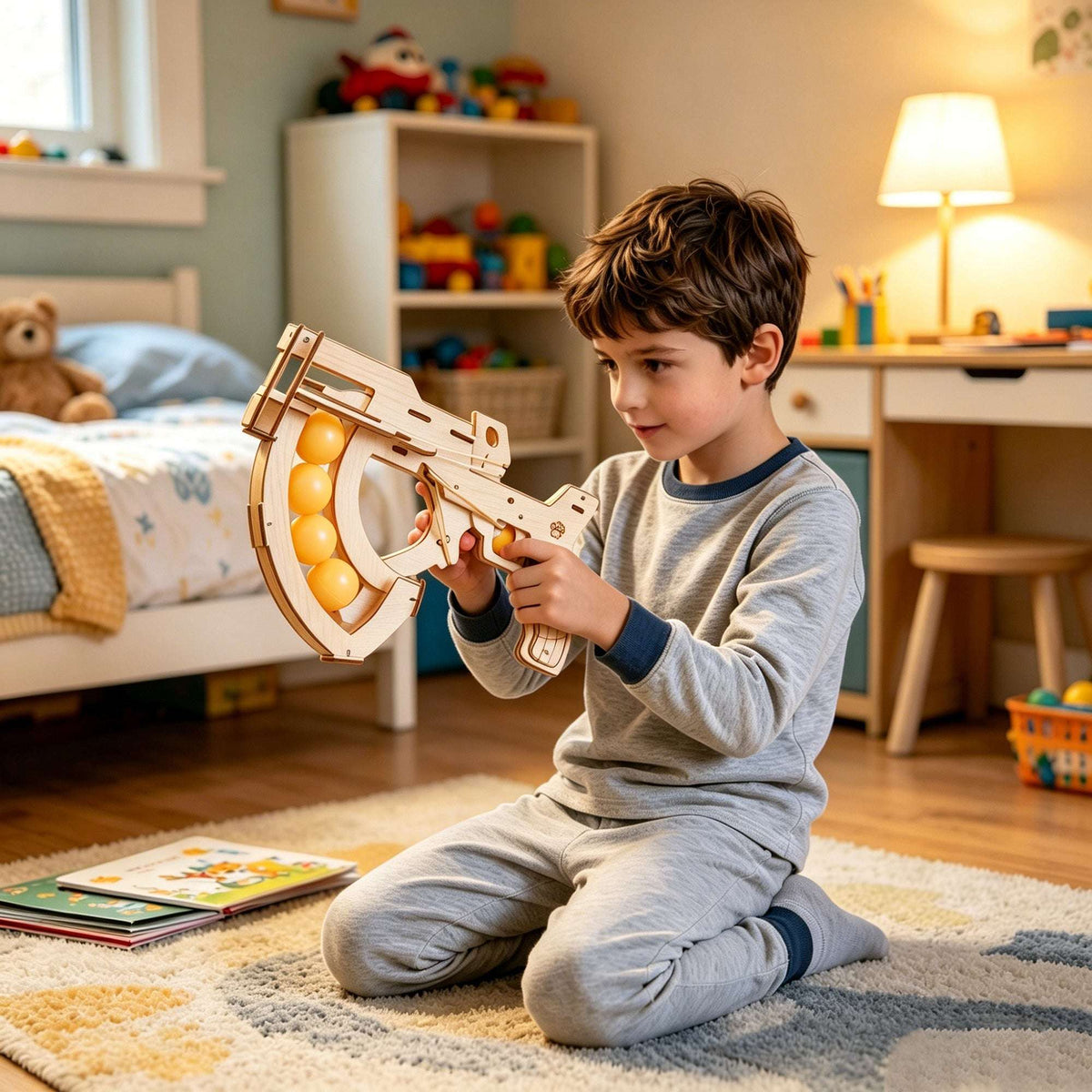 Wooden ball launcher kit with orange balls, held by a child during play