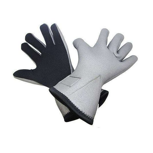 Neoprene dive gloves with textured grip, one black and one gray, full-finger design
