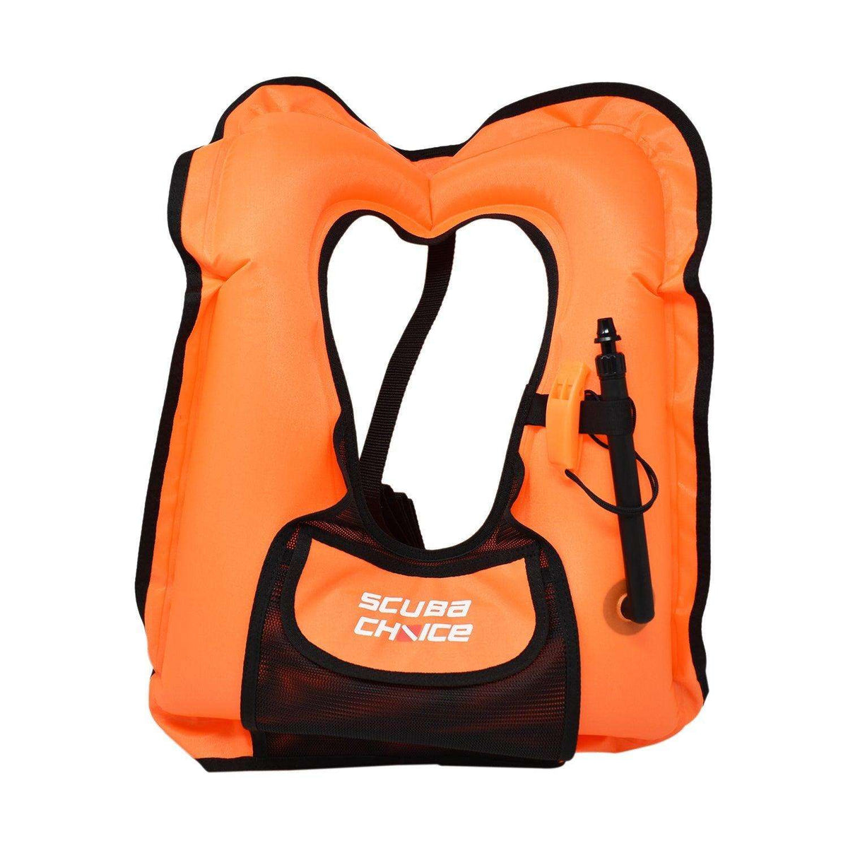 Orange snorkel life vest with hood opening, front pocket, black trim, whistle, Scuba Choice