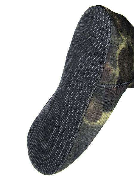 Camo neoprene fin sock with textured sole and heel panel, dark with green spots