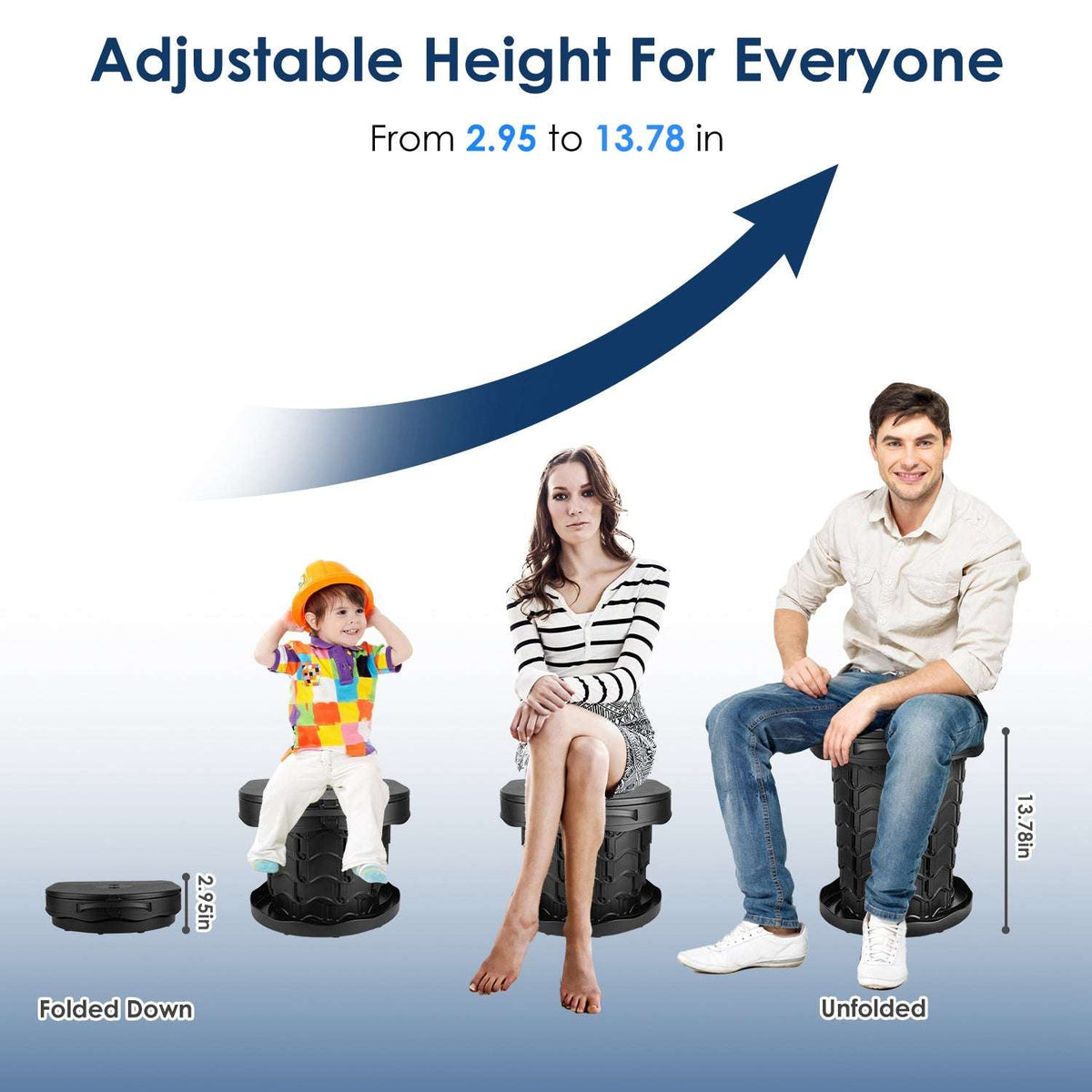 Height-adjustable collapsible toilet shown folded and extended for users of different heights