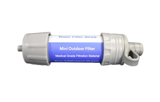 Filter straw attachment with mini outdoor filter and protective cap, white and blue