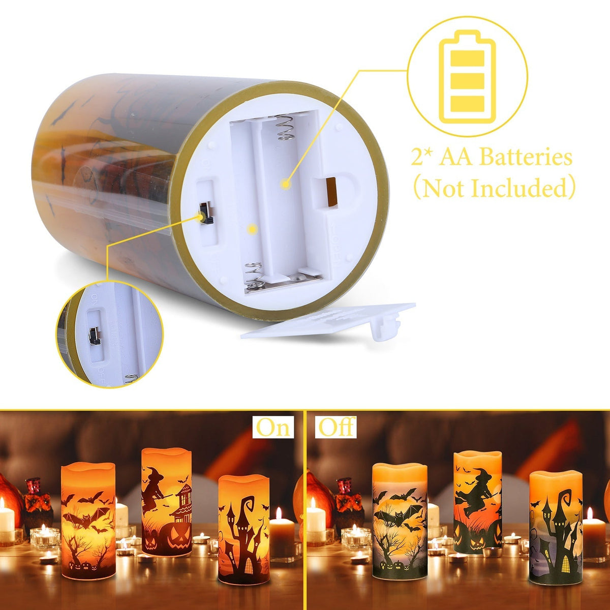 3-Pack Halloween Flameless Candle Lamps with Timer – Witch, Bat & Castle