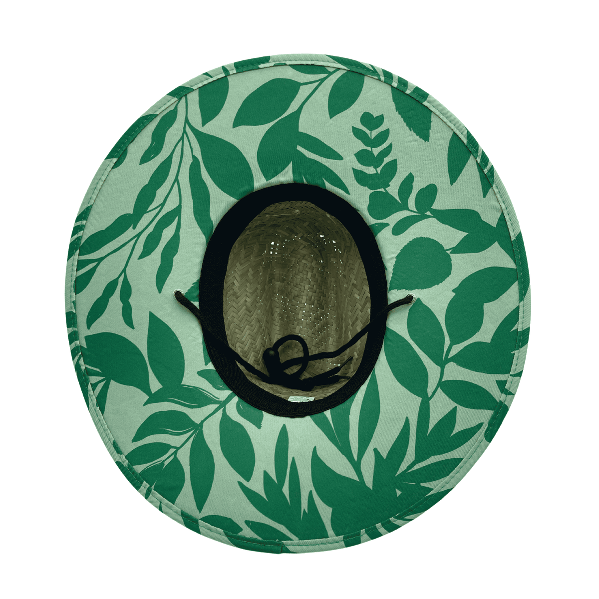 Straw lifeguard sun hat with green botanical leaf print and black hatband