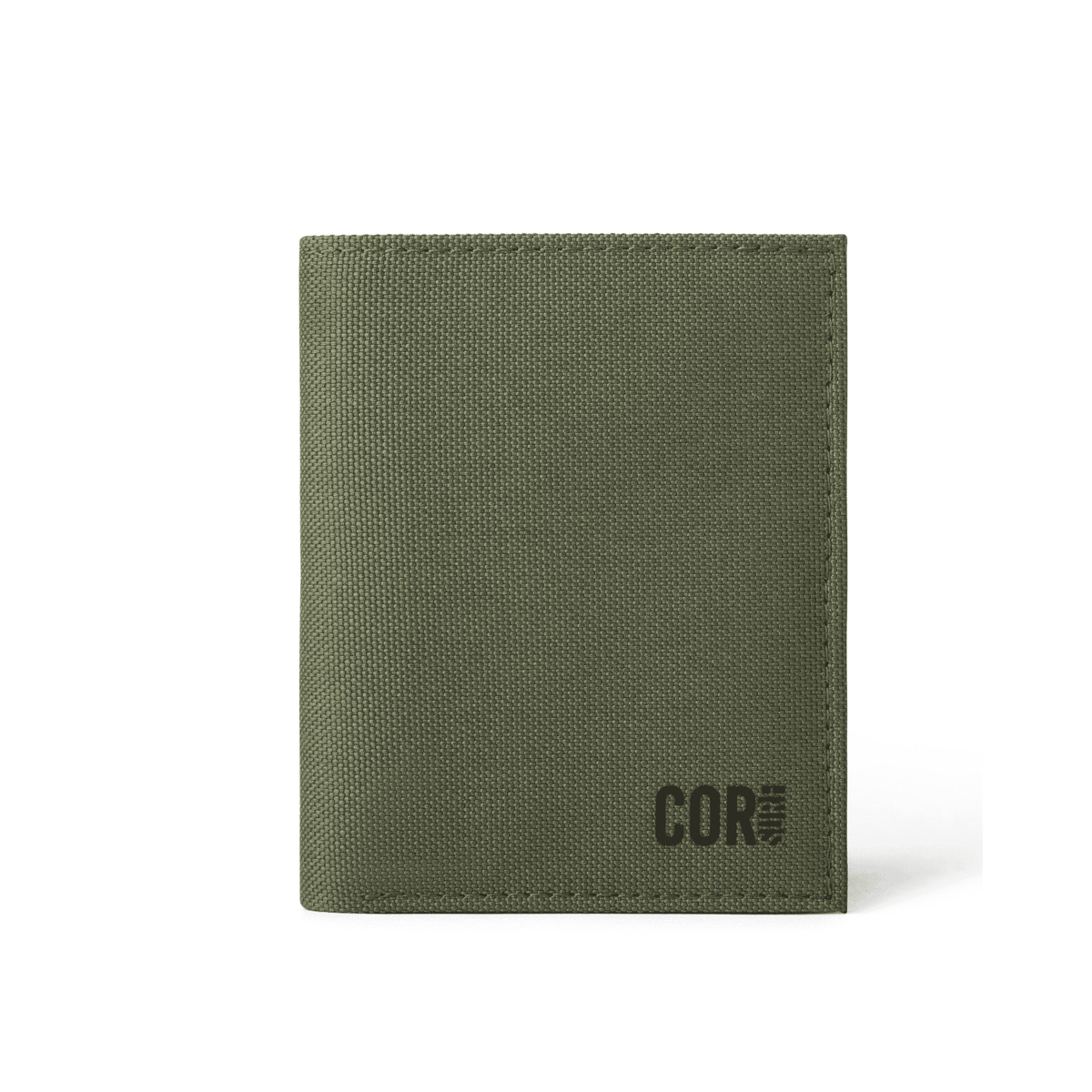Green bifold cash wallet, closed, with COR mark on front panel