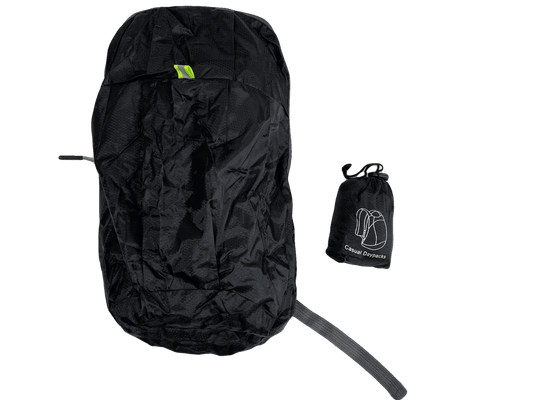 Compactable polyester day pack with detachable stuff sack, black