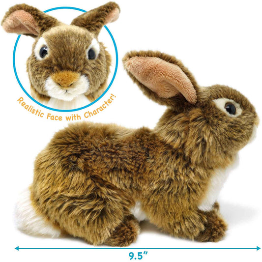 Brown plush rabbit in side view with floppy ears and white belly.