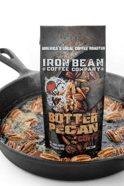 Iron Bean Coffee Company toasted butter pecan coffee bag on tray, 12oz medium roast
