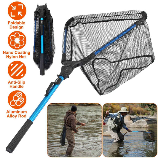 Foldable fishing net with black nylon mesh and blue aluminum handle, compact pouch