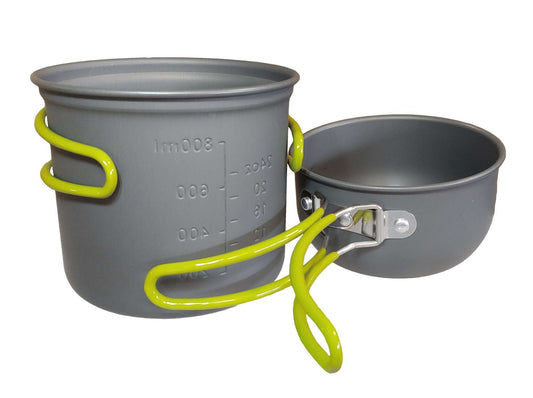 Two nesting aluminum camping pots, dark gray with lime rubber handles and metal clips