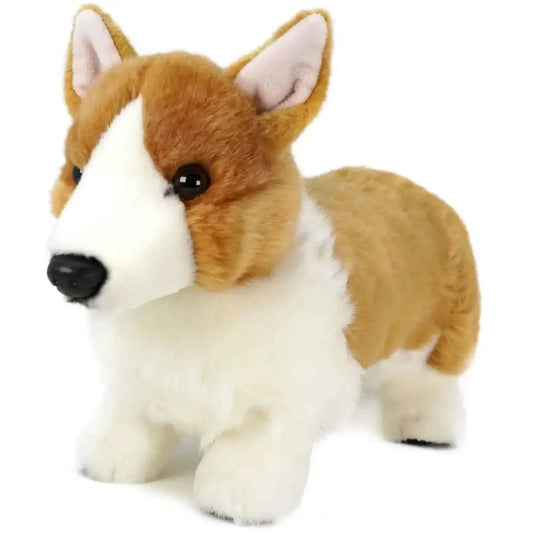 Brown and white sitting plush corgi with black nose and big ears