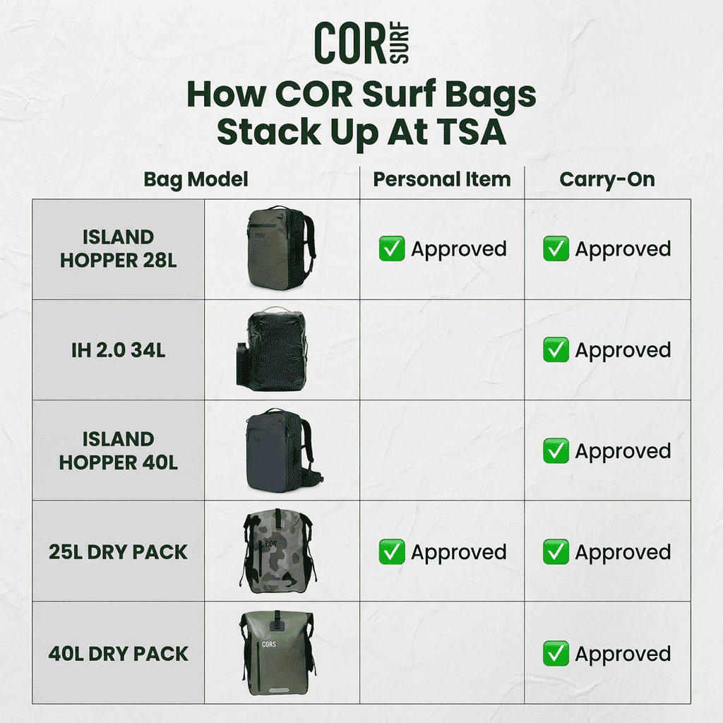 Matte black travel backpack shown in a carry-on compatibility checklist