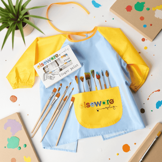 Kids art smock set with brush handles, front pocket, and paint supplies