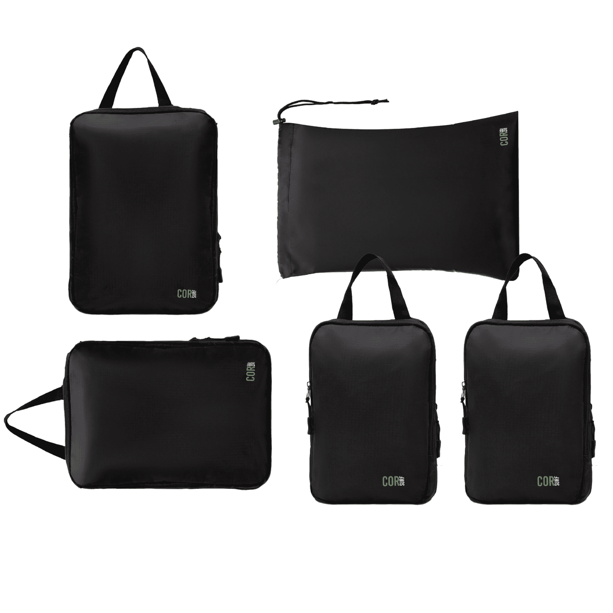 Black compression packing cube set with five zippered cubes, one larger pouch, COR logo