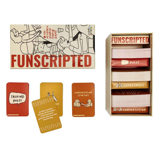 Boxed dinner party card game showing rule and colorful conversation starter cards