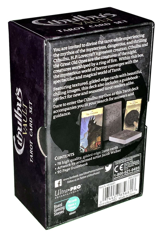 Cthulhu’s Vault tarot card set box back, with description text and contents panel