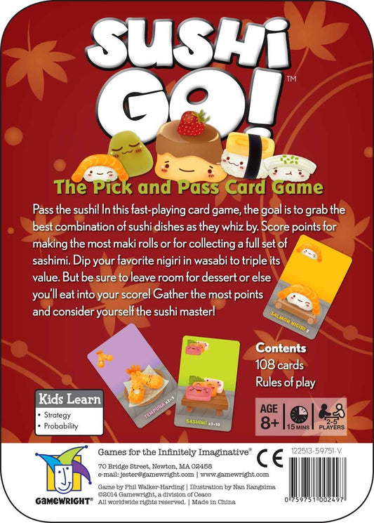 Sushi Go! card game box back with rule text blocks and sushi-themed icons