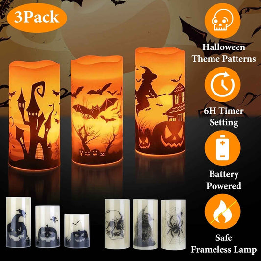 3-Pack Halloween Flameless Candle Lamps with Timer – Witch, Bat & Castle