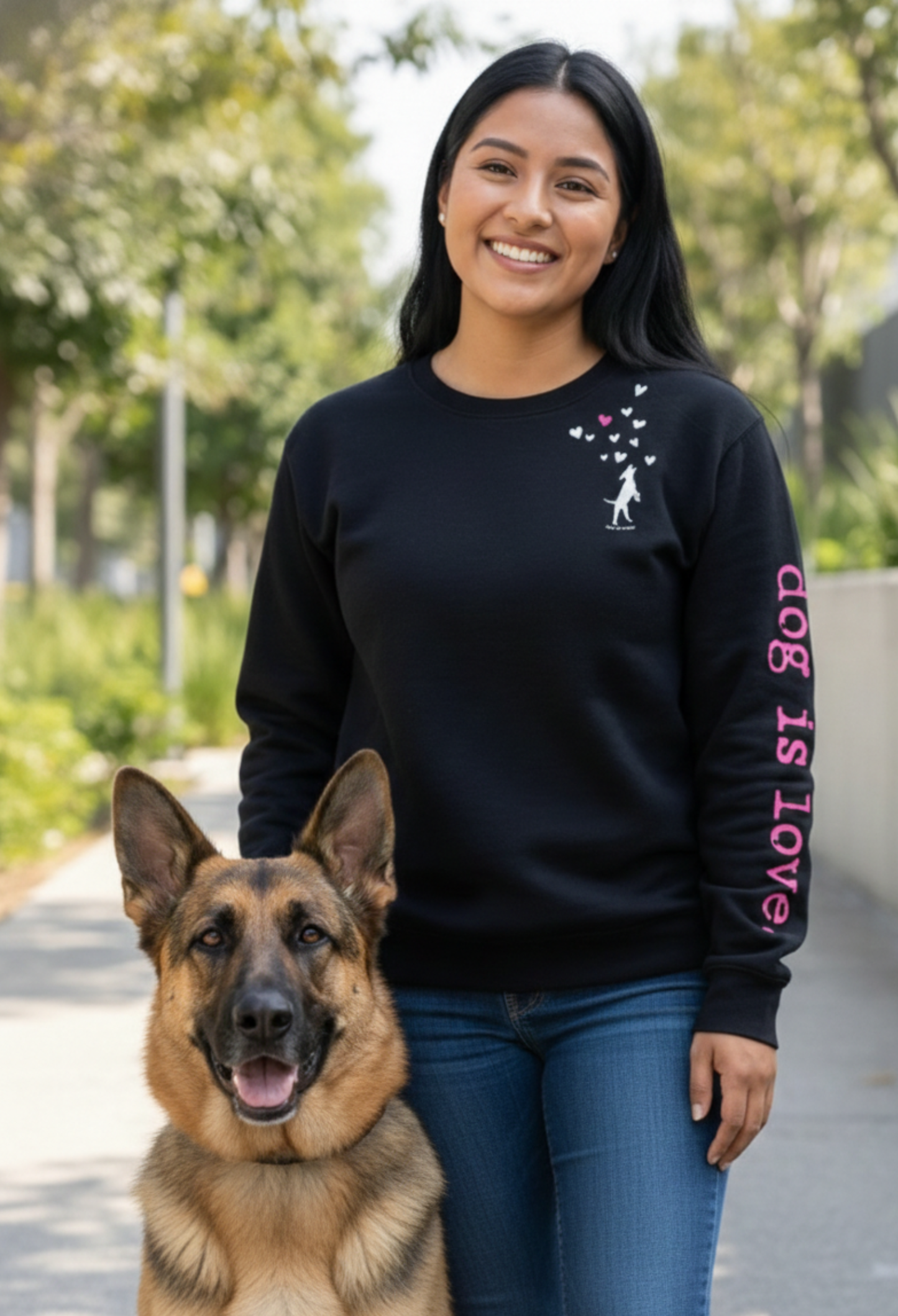 Dog is Good — Dog is Love Crewneck Fleece | Black | Puppy & Hearts Neckline + Sleeve Art | S–2XL