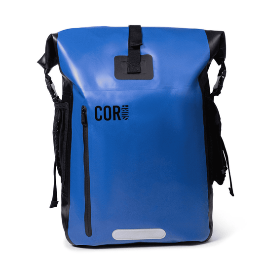 Blue waterproof dry bag backpack with front zip pocket and roll-top closure