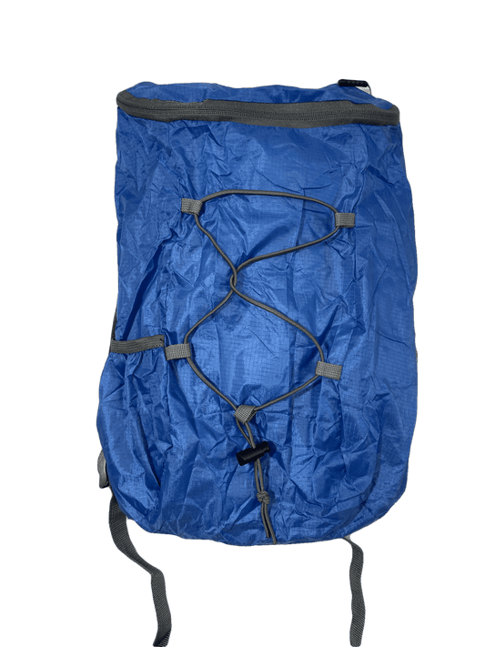 Packable blue day pack with bungee front and front storage pocket
